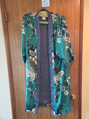 Chico's Green Floral Kimono Jacket with Navy Lining